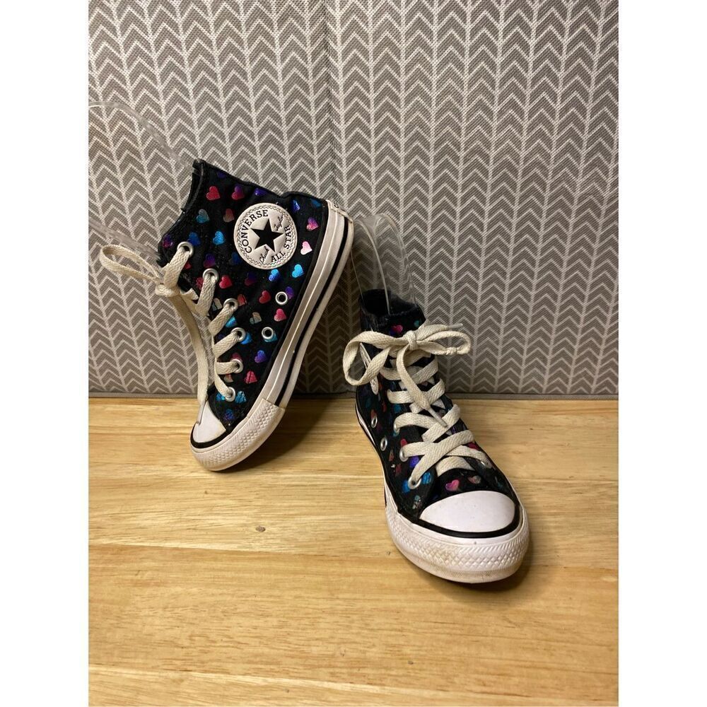 ✅Converse Chuck Taylor Black High Tops with multicolored hearts
